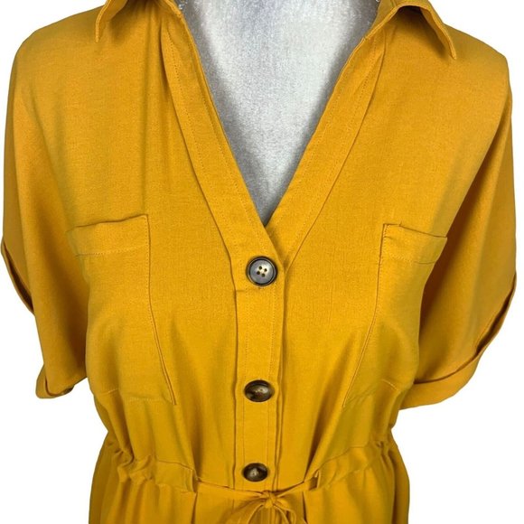 Shein Mustard Yellow Shirtdress Button Up Drawstring Waist High Low Retro L - Picture 3 of 10